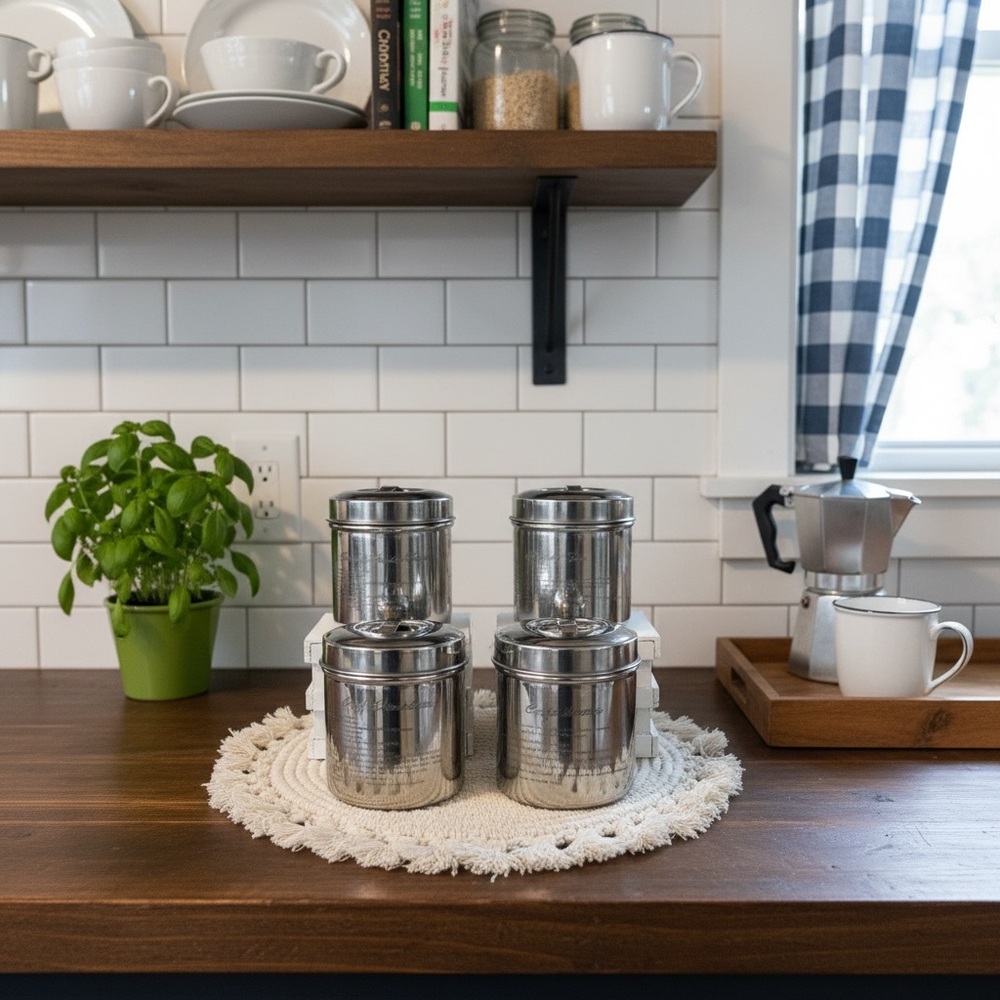 Be.Set  of 4 Stainless Steel Canisters - Shiny Silver Kitchen Storage.